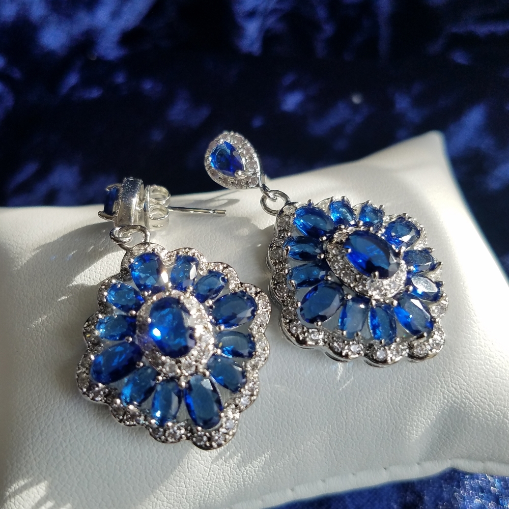 Swarovski Elements Blue Sapphire 925 Sterling Silver Statement Earrings NEW - Picture 9 of 9